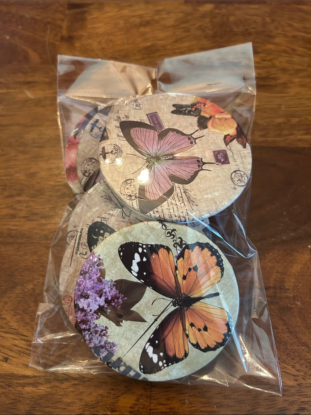 SET of 2 TWO - Butterfly Floral Compact Cosmetic Mirror Pink, Orange, Brown